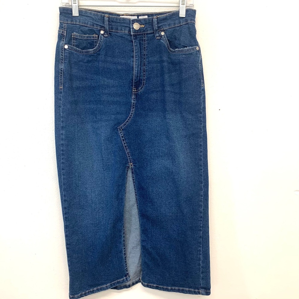 Serra Blue Denim Midi Skirt High Waisted Front Slit Small Casual Western Boho